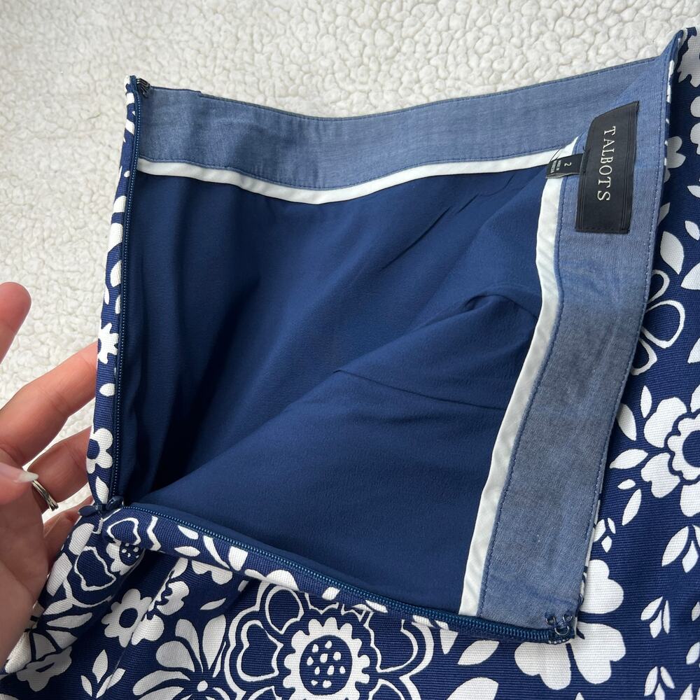Talbots Blue White Floral Cotton Blend A-line Skirt 2 - Picture 4 of 7